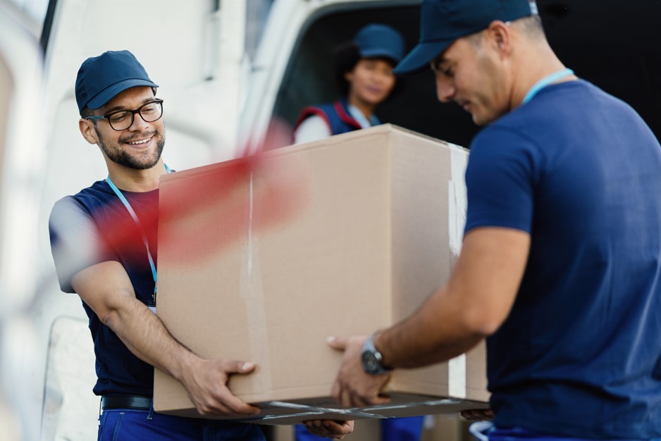 Profissionais de uma empresa de logística descarregando caixas em uma armazém como parte do processo de Fulfillment.