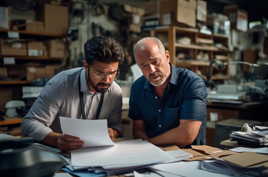 Colaboradores de uma empresa de logística revisando alguns documentos acerca do processo de desembaraço aduaneiro de uma organização.