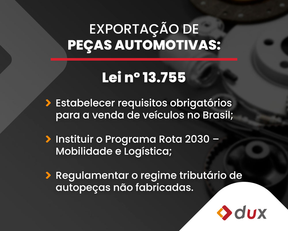 Legislação relacionada à logística no setor automotivo:

Estabelecer requisitos obrigatórios para a venda de veículos no Brasil;
Instituir o Programa Rota 2030 – Mobilidade e Logística;
Regulamentar o regime tributário de autopeças não fabricadas.