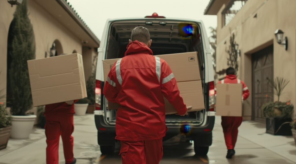 Colaboradores de uma empresa de logística realizando um transporte emergencial.