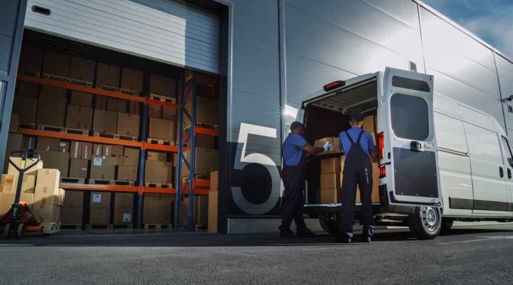 Dois trabalhadores de uniforme azul carregando caixas de papelão de um armazém para um caminhão de entrega, exemplificando uma fase fundamental da "middle mile" na logística de distribuição.