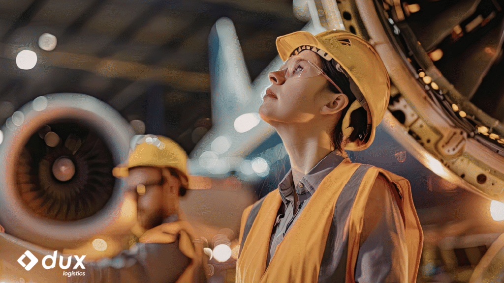 Logística AOG da DUX com transporte urgente de peças aeronáuticas, incluindo NFO, hand carry e operação 24/7 para aeronaves em solo
